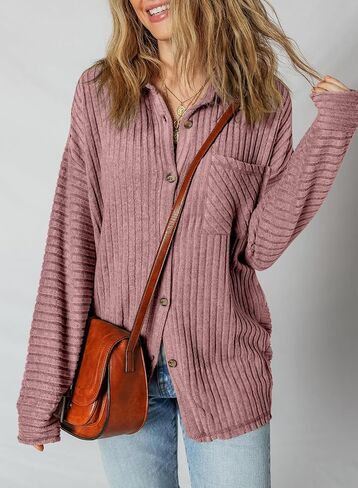 SHEWIN Womens Ribbed Knit Shacket Jacket Casual Long Sleeve Button Down Shirts Loose Sweater Tops Dressy Blouses with Pocket in Saudi Arabia
