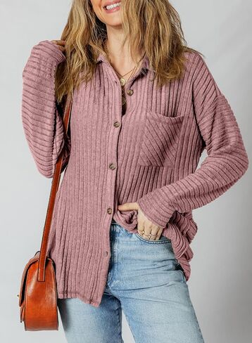 SHEWIN Womens Ribbed Knit Shacket Jacket Casual Long Sleeve Button Down Shirts Loose Sweater Tops Dressy Blouses with Pocket in Saudi Arabia