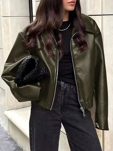 Cicy Bell Womens Faux Leather Bomber Jackets Cropped Motorcycle Casual Coats Fall Trendy Zip Up Outerwear in Saudi Arabia