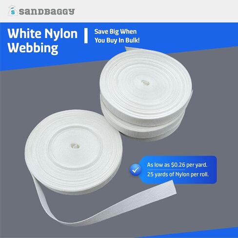 أكياس رملية 1 "أحزمة حزام نايلون مسطحة - أحزمة للأكياس ، أطواق الكلاب والمكافن ، الكاميرات - أبيض - خفيفة الوزن - 25 ياردة لكل لفة in Kuwait