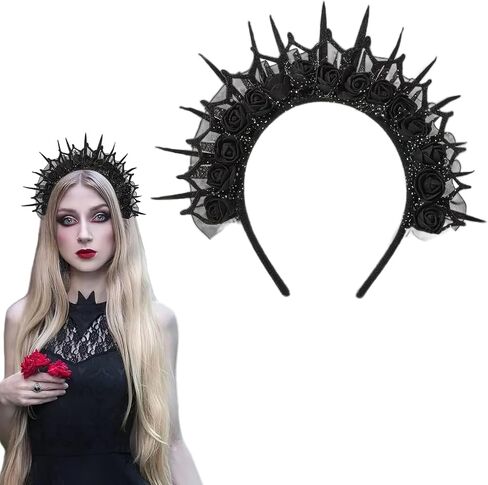 Black Rose Lace Mesh Yarn Halo Crown Headband Cosplay Witch Devil Gothic Headwear for Halloween Party Costume Accessory in Saudi Arabia