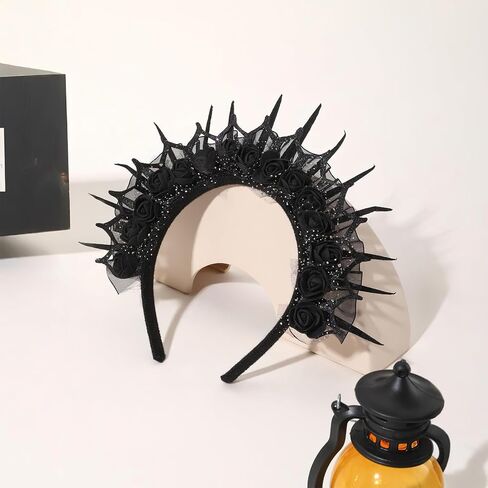 Black Rose Lace Mesh Yarn Halo Crown Headband Cosplay Witch Devil Gothic Headwear for Halloween Party Costume Accessory in Saudi Arabia