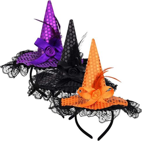 WILLBOND 3 Pieces Witch Hat and Feather Headband for Halloween Costume Dress Accessories, 3 Colors (Orange, Black, Purple) in Saudi Arabia