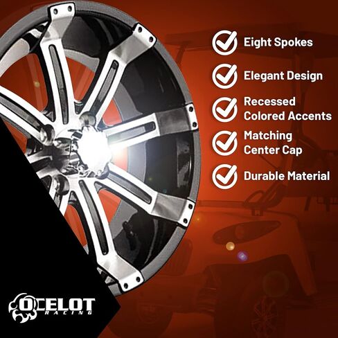 Ocelot E106 Golf Cart Wheels - 10x7 (عجلات لحجم العربة) ، 4/4 (قطر دائرة الملعب البراغي 4 مم) ، 3+4 (إزاحة العجلات) ، الحافات السوداء الماكينة مع غطاء مركز المطابقة in Saudi Arabia