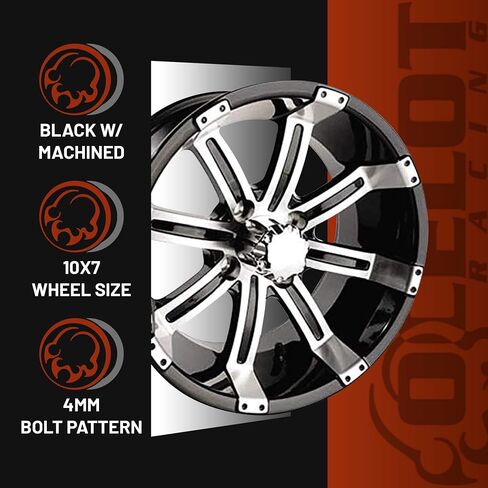 Ocelot E106 Golf Cart Wheels - 10x7 (عجلات لحجم العربة) ، 4/4 (قطر دائرة الملعب البراغي 4 مم) ، 3+4 (إزاحة العجلات) ، الحافات السوداء الماكينة مع غطاء مركز المطابقة in Saudi Arabia