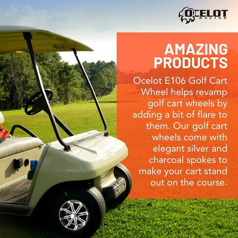 Ocelot E106 Golf Cart Wheels - 10x7 (عجلات لحجم العربة) ، 4/4 (قطر دائرة الملعب البراغي 4 مم) ، 3+4 (إزاحة العجلات) ، الحافات السوداء الماكينة مع غطاء مركز المطابقة in Saudi Arabia