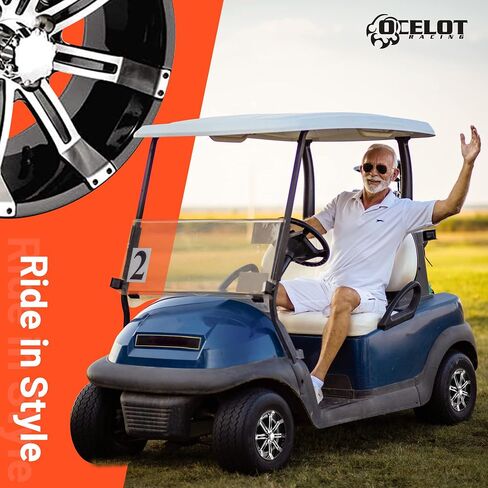 Ocelot E106 Golf Cart Wheels - 10x7 (عجلات لحجم العربة) ، 4/4 (قطر دائرة الملعب البراغي 4 مم) ، 3+4 (إزاحة العجلات) ، الحافات السوداء الماكينة مع غطاء مركز المطابقة in Saudi Arabia