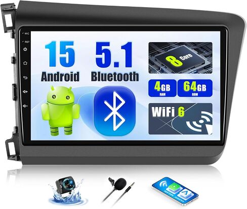 2+64G Android 13 Car Stereo for Honda Civic 2012-2015 with Wireless CarPlay Android Auto, 9" IPS Touchscreen in Dash GPS Radio with Navi WiFi Bluetooth FM RDS HiFi EQ SWC + Backup Camera & MIC in Saudi Arabia