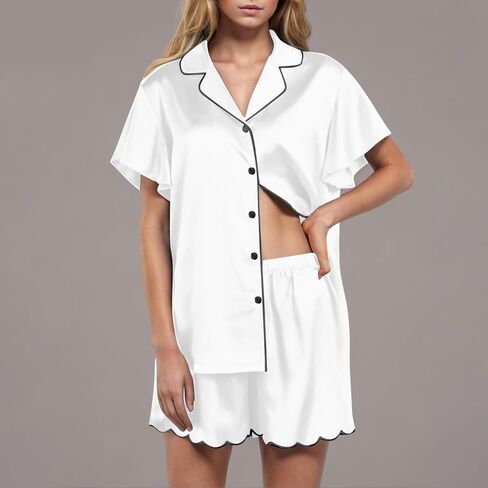 Womens Satin Pajama Set 2 Piece Sleepwear Loungewear Lapel Collor Button Short Sleeve Tops Soft Sexy Shorts PJ Set in Saudi Arabia