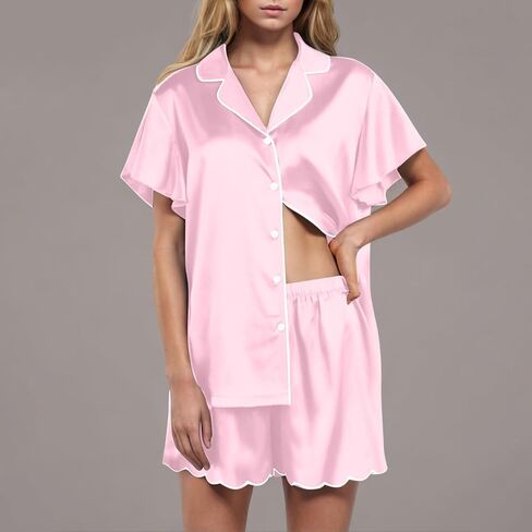 Womens Satin Pajama Set 2 Piece Sleepwear Loungewear Lapel Collor Button Short Sleeve Tops Soft Sexy Shorts PJ Set in Saudi Arabia