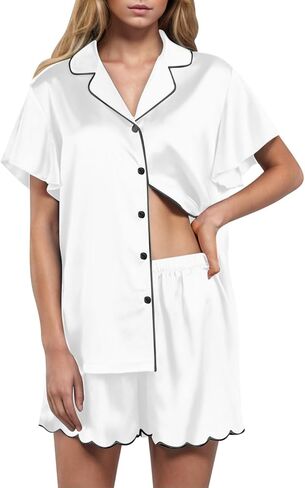 Womens Satin Pajama Set 2 Piece Sleepwear Loungewear Lapel Collor Button Short Sleeve Tops Soft Sexy Shorts PJ Set in Saudi Arabia