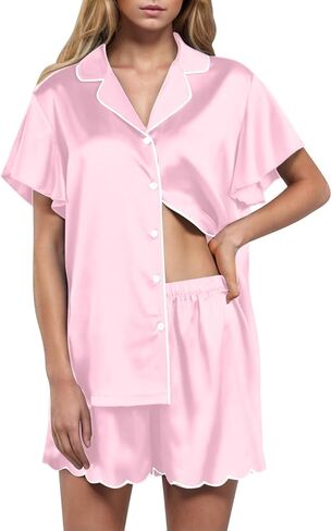Womens Satin Pajama Set 2 Piece Sleepwear Loungewear Lapel Collor Button Short Sleeve Tops Soft Sexy Shorts PJ Set in Saudi Arabia