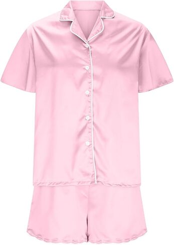 Womens Satin Pajama Set 2 Piece Sleepwear Loungewear Lapel Collor Button Short Sleeve Tops Soft Sexy Shorts PJ Set in Saudi Arabia