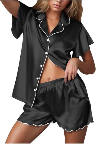 Womens Satin Pajama Set 2 Piece Sleepwear Loungewear Lapel Collor Button Short Sleeve Tops Soft Sexy Shorts PJ Set in Saudi Arabia