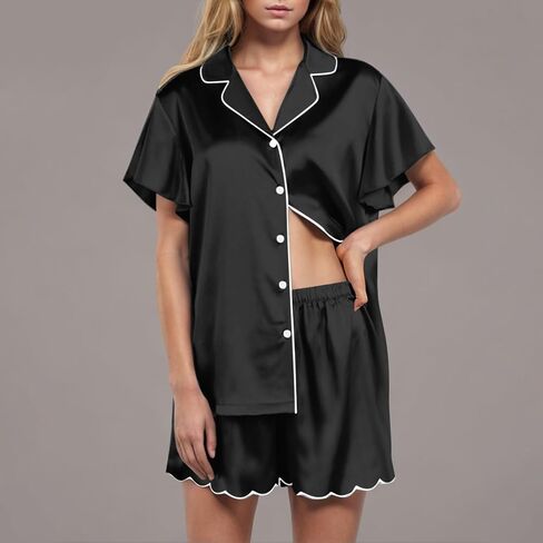 Womens Satin Pajama Set 2 Piece Sleepwear Loungewear Lapel Collor Button Short Sleeve Tops Soft Sexy Shorts PJ Set in Saudi Arabia