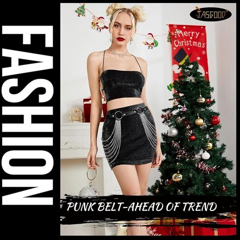JASGOOD Punk Waist Chain Belt Black Leather Layered Belly Body Waist Chains Nightclub Rave Body Chain Belt for Women Girls in Saudi Arabia