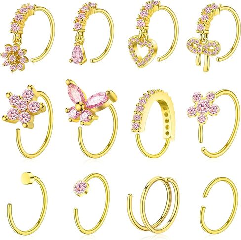 Hoop Nose Rings for Women Nose Piercings 20G Stainless Steel Nose Rings Hoops Heart Butterfly Flower Bow Teardrop Double Nose Hoops Gold Silver Pink Clear CZ Nose Piercing Jewelry in Kuwait