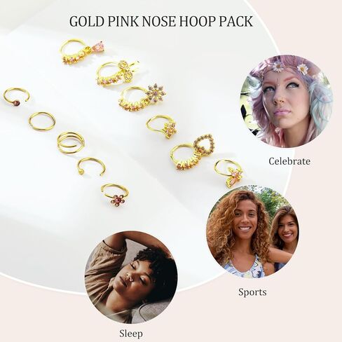 Hoop Nose Rings for Women Nose Piercings 20G Stainless Steel Nose Rings Hoops Heart Butterfly Flower Bow Teardrop Double Nose Hoops Gold Silver Pink Clear CZ Nose Piercing Jewelry in Kuwait