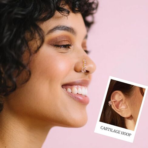 Hoop Nose Rings for Women Nose Piercings 20G Stainless Steel Nose Rings Hoops Heart Butterfly Flower Bow Teardrop Double Nose Hoops Gold Silver Pink Clear CZ Nose Piercing Jewelry in Kuwait