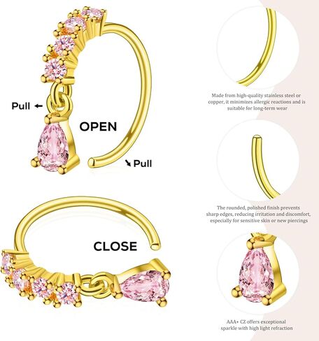 Hoop Nose Rings for Women Nose Piercings 20G Stainless Steel Nose Rings Hoops Heart Butterfly Flower Bow Teardrop Double Nose Hoops Gold Silver Pink Clear CZ Nose Piercing Jewelry in Kuwait