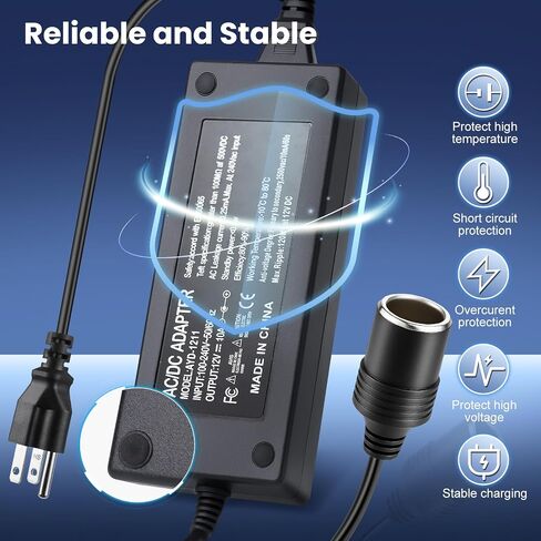 محول 110 فولت AC إلى DC 12V 10A 120W ، محول ولاعة السجائر إلى سدادات الحائط 100-240V ، شاحن سيارة إلى محول محول محول محول محول الجدار لكاميرا DASH ، نفخ ، فراغ ، ثلاجة السيارة ، سيارة ، أجهزة السيارة in Saudi Arabia