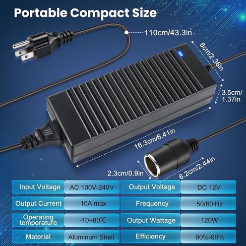 محول 110 فولت AC إلى DC 12V 10A 120W ، محول ولاعة السجائر إلى سدادات الحائط 100-240V ، شاحن سيارة إلى محول محول محول محول محول الجدار لكاميرا DASH ، نفخ ، فراغ ، ثلاجة السيارة ، سيارة ، أجهزة السيارة in Saudi Arabia