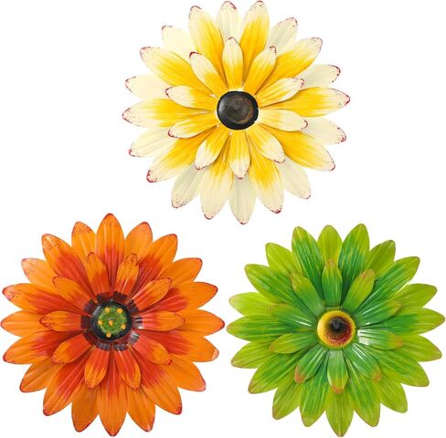 Hotop 3 Pcs Metal Flower Wall Art 3D Metal Daisy Wall Decor Multiple Layer Hanging Flower Rustic Farmhouse Boho Style Decorations for Indoor Outdoor Home Living Room Office Garden, 8 Inches(Vivid) in Saudi Arabia
