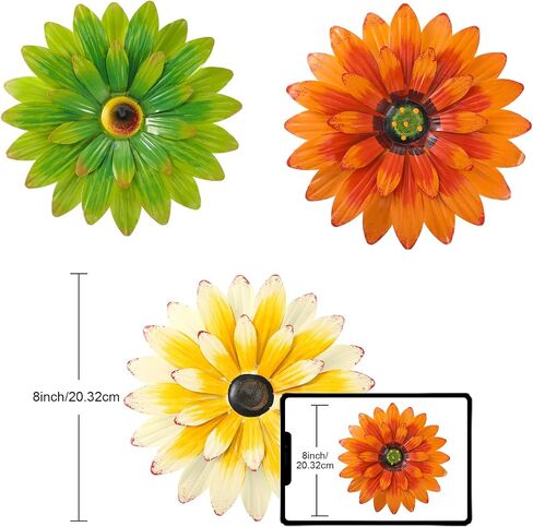 Hotop 3 Pcs Metal Flower Wall Art 3D Metal Daisy Wall Decor Multiple Layer Hanging Flower Rustic Farmhouse Boho Style Decorations for Indoor Outdoor Home Living Room Office Garden, 8 Inches(Vivid) in Saudi Arabia