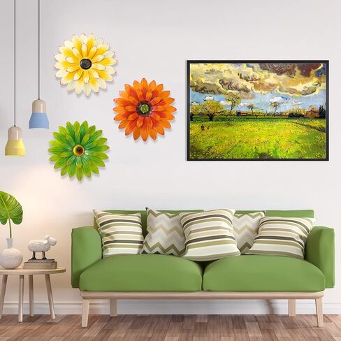 Hotop 3 Pcs Metal Flower Wall Art 3D Metal Daisy Wall Decor Multiple Layer Hanging Flower Rustic Farmhouse Boho Style Decorations for Indoor Outdoor Home Living Room Office Garden, 8 Inches(Vivid) in Saudi Arabia