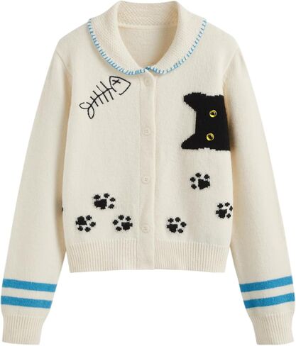 CIDER Cardigan Sweater for Women Knitted Long Sleeve Collared Cat Cute Pattern Button Down Crop Tops in Saudi Arabia