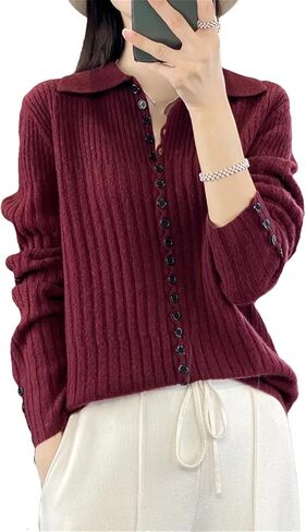 Chic Women Cardigan Knit Sweater Lapel Buttons Merino Wool Solid Casual Knitwear in Saudi Arabia