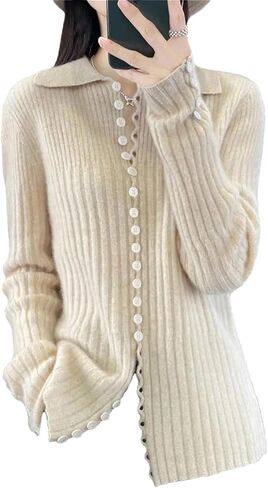 Chic Women Cardigan Knit Sweater Lapel Buttons Merino Wool Solid Casual Knitwear in Saudi Arabia