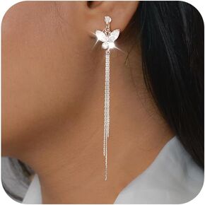 Clip on Earrings for Women Butterfly Earrings Cubic Zirconia 925 Sterling Silver Plated Long Tassel Dangle Drop Clip Earrings Non Pierced Earrings for Women Jewelry Gifts Wedding Party in Kuwait