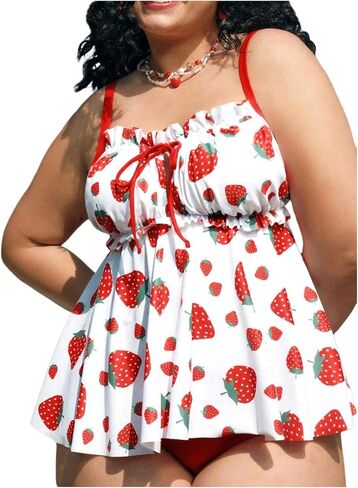 Verdusa Women's Plus Size 2 Piece Fruit Print Tankini Set Bow Tie Peplum Tops with Bottom in Kuwait