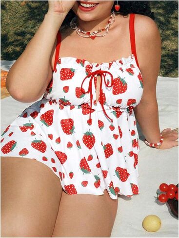Verdusa Women's Plus Size 2 Piece Fruit Print Tankini Set Bow Tie Peplum Tops with Bottom in Kuwait