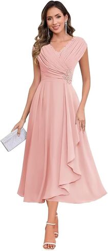 Chiffon Mother of The Bride Dresses Tea Length Lace Appliques A Line Formal Dress MAOF030 in Saudi Arabia