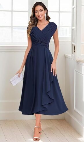Chiffon Mother of The Bride Dresses Tea Length Lace Appliques A Line Formal Dress MAOF030 in Saudi Arabia