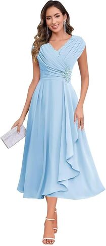 Chiffon Mother of The Bride Dresses Tea Length Lace Appliques A Line Formal Dress MAOF030 in Saudi Arabia