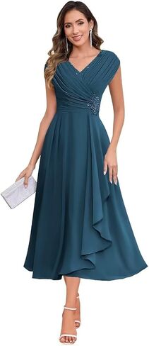 Chiffon Mother of The Bride Dresses Tea Length Lace Appliques A Line Formal Dress MAOF030 in Saudi Arabia