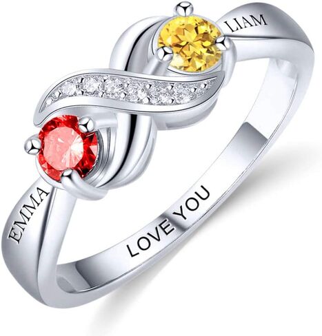 الخاتم المخصص الفضي الجنيه الاسترليني 2 Birthstones مجوهرات محفورة مخصصة للنساء خاتم الوعد اللانهائي لحلقة اسمها in Kuwait