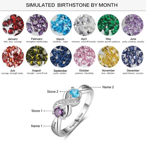 الخاتم المخصص الفضي الجنيه الاسترليني 2 Birthstones مجوهرات محفورة مخصصة للنساء خاتم الوعد اللانهائي لحلقة اسمها in Kuwait
