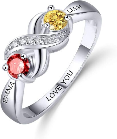 الخاتم المخصص الفضي الجنيه الاسترليني 2 Birthstones مجوهرات محفورة مخصصة للنساء خاتم الوعد اللانهائي لحلقة اسمها in Kuwait