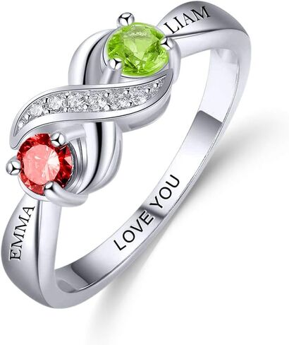 الخاتم المخصص الفضي الجنيه الاسترليني 2 Birthstones مجوهرات محفورة مخصصة للنساء خاتم الوعد اللانهائي لحلقة اسمها in Kuwait