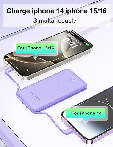 miisso Ultra Slim 10000mAh Power Bank كابلات مدمجة ومقبس حائط تيار متردد، شاحن محمول USB C بحجم الجيب، حزمة بطارية خارجية متوافقة مع iPhone Samsung iPad وما إلى ذلك، أسود in Kuwait