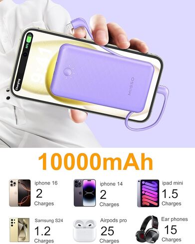 miisso Ultra Slim 10000mAh Power Bank كابلات مدمجة ومقبس حائط تيار متردد، شاحن محمول USB C بحجم الجيب، حزمة بطارية خارجية متوافقة مع iPhone Samsung iPad وما إلى ذلك، أسود in Kuwait