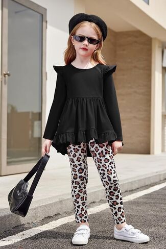 Arshiner Toddler Girl Clothes Ruffle Trim Long Sleeve Pullover Top and Floral Print Leggings Fall Outfits Kids Clothing Sets in Kuwait