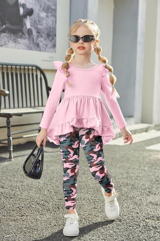 Arshiner Toddler Girl Clothes Ruffle Trim Long Sleeve Pullover Top and Floral Print Leggings Fall Outfits Kids Clothing Sets in Kuwait