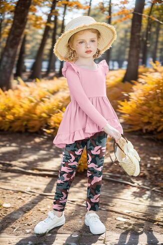 Arshiner Toddler Girl Clothes Ruffle Trim Long Sleeve Pullover Top and Floral Print Leggings Fall Outfits Kids Clothing Sets in Kuwait
