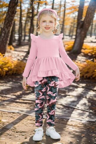 Arshiner Toddler Girl Clothes Ruffle Trim Long Sleeve Pullover Top and Floral Print Leggings Fall Outfits Kids Clothing Sets in Kuwait