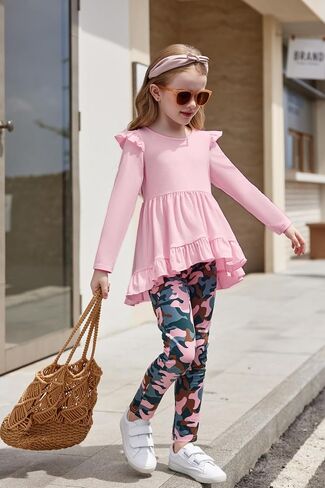 Arshiner Toddler Girl Clothes Ruffle Trim Long Sleeve Pullover Top and Floral Print Leggings Fall Outfits Kids Clothing Sets in Kuwait
